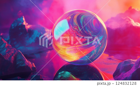 Abstract Posters Featuring Cubes, Spheres, And Triangles: Cosmic Elixir Stones With Iridescent Rainbow Marbling Stains In Synthwave/ Retrowave Style. 124832128