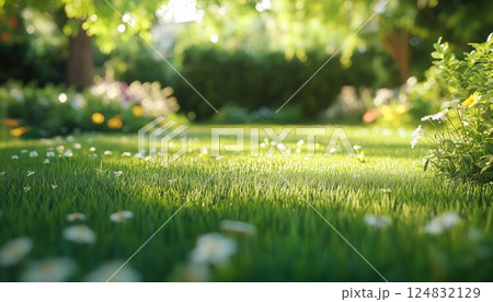 Well-Maintained Garden With Deciduous Shrubs And Freshly Cut Grass In A Public Park Or Outdoor Area. Stunning Flowerbed Adds Beauty. 124832129