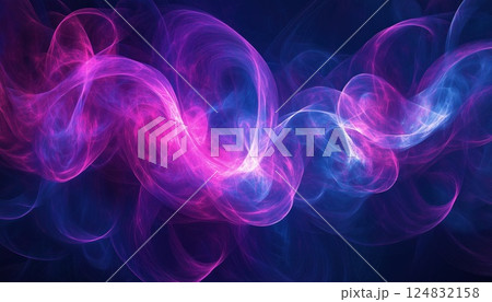 Modern Geometric Stripe Art: Abstract Pink And Blue Glowing Pattern On Dark Blue With Purple Light. Wide, Futuristic, And Stylish Design. 124832158