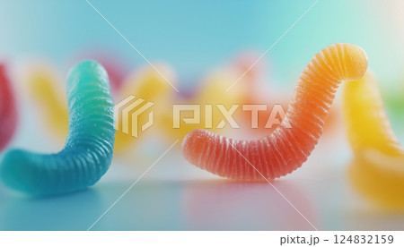 Colorful Sour Gummy Worms Against A White Background With Perfect Focus Throughout The Image, Showcasing Their Vibrant Colors And Enticing Texture. 124832159