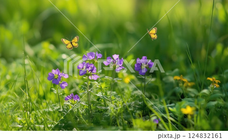 Close-Up Image Of Two Yellow Butterflies Soaring Among Small Wild Purple Flowers In Grass Under Sunlight. Spectacular Spring/Summer Natural Landscape View. 124832161