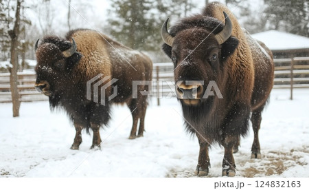 Bison Roaming In A Snow-Covered Forest Within A Captive Setting, Observing The Majestic Creatures In Their Natural Habitat. 124832163