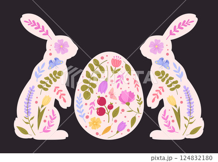 Decorative rabbits with spring flowers. Easter bunny silhouettes, cute Easter hares with Easter eggs flat vector illustration. Bunny holiday decorations Decorative rabbits with spring flowers. Easter bunny silhouettes, cute Easter hares with Easter eggs flat vector illustration. Bunny holiday decorations 124832180