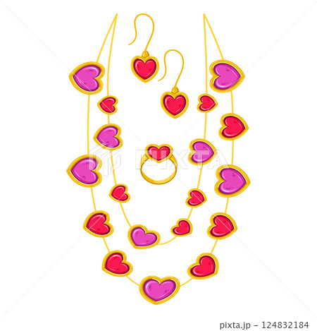 Golden jewelry set. Precious heart decor necklace, ring and earrings, glamorous jewelry with red gemstones flat vector illustration set. Jewelry on white background Golden jewelry set. Precious heart decor necklace, ring and earrings, glamorous jewelry with red gemstones flat vector illustration set. Jewelry on white background 124832184