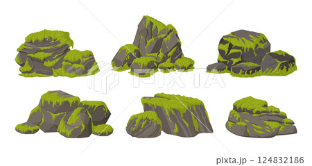 Green moss on stones. Jungle moss plants grow on gray rocks, creeping lichen moss on stones flat vector illustration set. Cartoon swamp moss growing on rocks 124832186