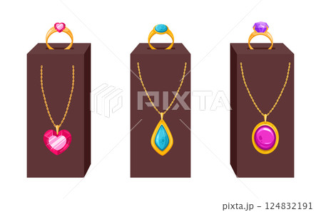 Jewelry set stands. Golden jewelry accessories, glamorous jewelry on bijouterie shop stands flat vector illustration set. Cartoon jewel shop stands Jewelry set stands. Golden jewelry accessories, glamorous jewelry on bijouterie shop stands flat vector illustration set. Cartoon jewel shop stands 124832191