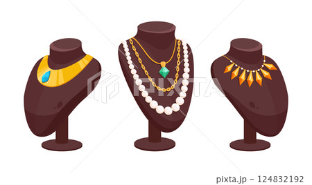 Necklace shop showcase. Precious jewelry accessories, glamorous jewelry on bijouterie shop stand flat vector illustration set. Cartoon jewel shop stands Necklace shop showcase. Precious jewelry accessories, glamorous jewelry on bijouterie shop stand flat vector illustration set. Cartoon jewel shop stands 124832192