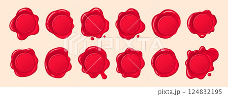 Red vintage seal stamps. Wax postage stamps, wax label marks, medieval post signets flat vector illustration set. Cartoon postal paraffin stamps collection 124832195