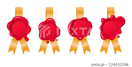 Red wax seals. Cartoon postal wax stamps with silk ribbons, antique paraffin seals flat vector illustration set. Vintage paraffin stamps Red wax seals. Cartoon postal wax stamps with silk ribbons, antique paraffin seals flat vector illustration set. Vintage paraffin stamps 124832196
