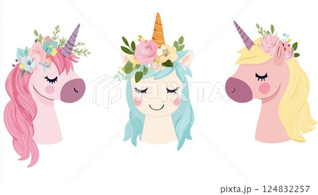Adorable Water Unicorns Clipart Featuring Flowers: Perfect For Nursery Decor. Magical Princess Rainbow Poster Showcasing A Trendy Pink Pony Horse. 124832257