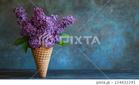 Vibrant Purple Lilac Flowers In A Delicate Wafer Ice Cream Cone: A Beautiful Flower Still Life Creation. A Stunning Floral Arrangement. 124832291
