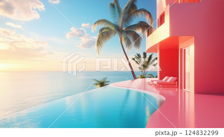 Luxurious Modern Architecture: Summer Villa With Private Pool And Ocean View In Exclusive Hotel Or Resort Setting With Sunbathing Facilities 124832299