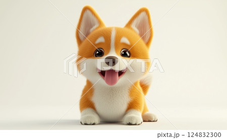 Adorable And Funny Orange Corgi Puppy With Dot Eyes And Red Tongue Sitting Playfully On White Background - Lovely Pet Image. 124832300
