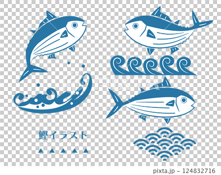 一組鰹魚和波浪插圖 124832716