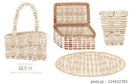 水彩でラフに描いた籐細工のかご素材セット 124832765
