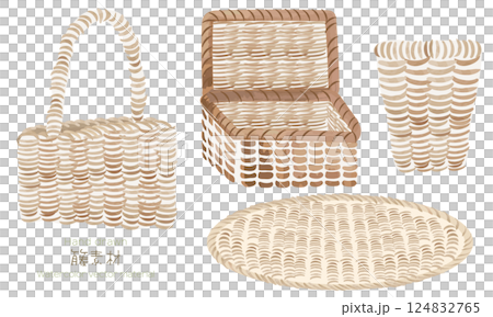 水彩でラフに描いた籐細工のかご素材セット 124832765