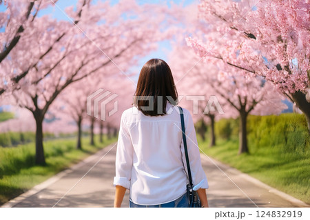 桜並木を散歩する女性 124832919