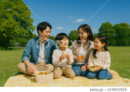 ピクニックを楽しむ家族　 124832929