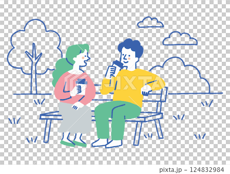 男人和女人在公園的長椅上喝咖啡_顏色 男人和女人在公園的長椅上喝咖啡_顏色 124832984