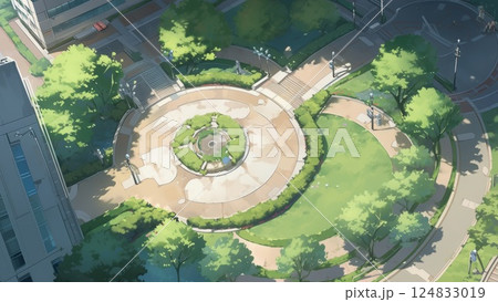 高層ビルに囲まれた円形広場の公園_1 124833019