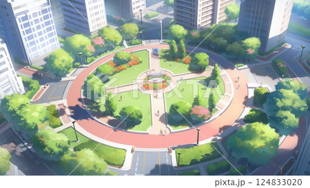 高層ビルに囲まれた円形広場の公園_2 124833020