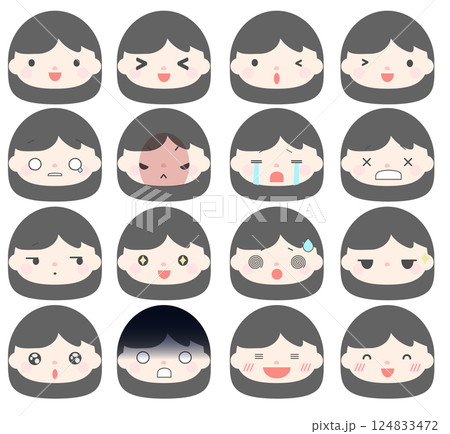 いろんな表情の女性(黒髪)の顔のイラストセット いろんな表情の女性(黒髪)の顔のイラストセット 124833472
