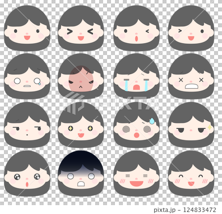 いろんな表情の女性(黒髪)の顔のイラストセット いろんな表情の女性(黒髪)の顔のイラストセット 124833472