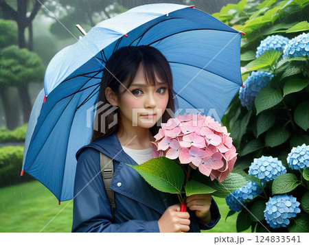 雨の中、傘をさしてアジサイを見に来た女の子【AI生成画像】 124833541