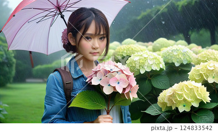雨の中、傘をさしてアジサイを見に来た女の子【AI生成画像】 124833542