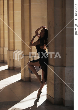 Ballet dancer en pointe posing in golden sunlight by elegant stone architecture Ballet dancer en pointe posing in golden sunlight by elegant stone architecture 124833653