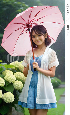 雨の中、傘をさしてアジサイを見に来た女の子【AI生成画像】 124833717