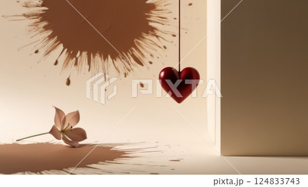 A red heart hangs from a string next to a beautiful flower 124833743