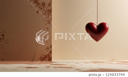 A vibrant red heart is gently hanging from a string in a cozy room 124833744