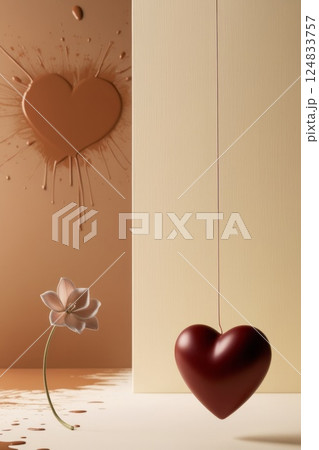 A heart is beautifully hanging from a delicate string next to a lovely flower 124833757
