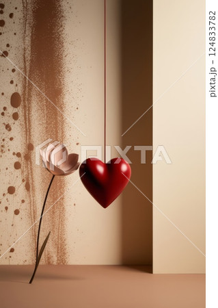 A red heart hangs from a string next to a beautiful flower 124833782