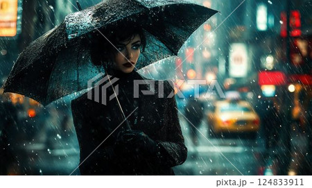 雨の日に傘を差して歩くエレガントな女性 雨の日に傘を差して歩くエレガントな女性 124833911