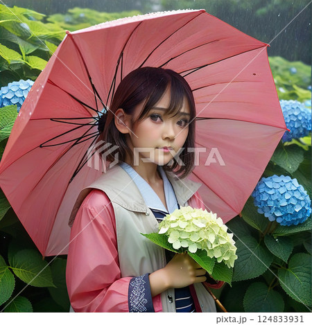 雨の中、傘をさしてアジサイを見に来た女の子【AI生成画像】 124833931
