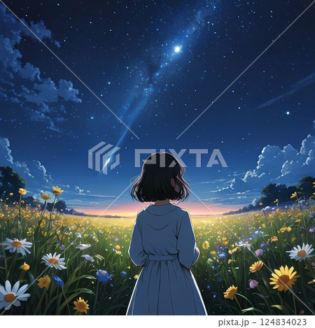 星空を見つめる女性の後ろ姿 星空を見つめる女性の後ろ姿 124834023