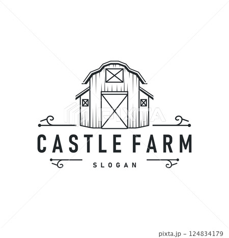 farm house design simple barn livestock logo concept illustration of a farm barn with a simple line concept, old vintage, antique, business brand symbol template 124834179