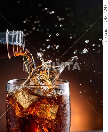 Pour soft drink in glass with ice splash on the table 124834242