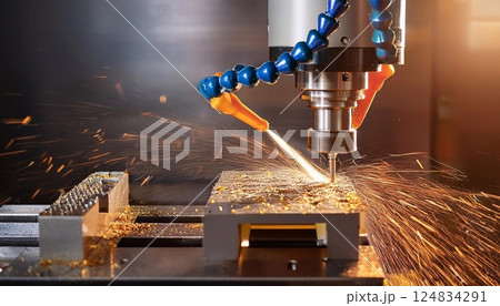 CNC milling machine processing on steel with cooling 124834291