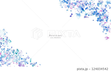 水彩画。水彩タッチの紫陽花イラスト。夏の梅雨の紫陽花背景。水彩のベクターイラスト。 水彩画。水彩タッチの紫陽花イラスト。夏の梅雨の紫陽花背景。水彩のベクターイラスト。 124834542