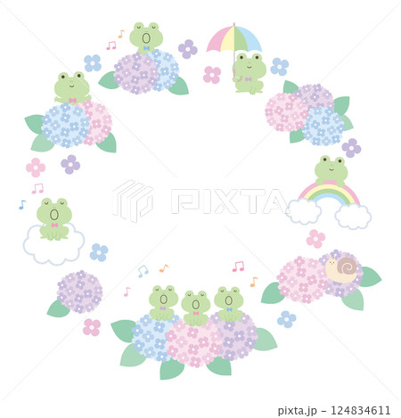 かわいいカエルと紫陽花のフレームのベクターイラスト。梅雨、枠、カエルの合唱、音符、カタツムリ 124834611