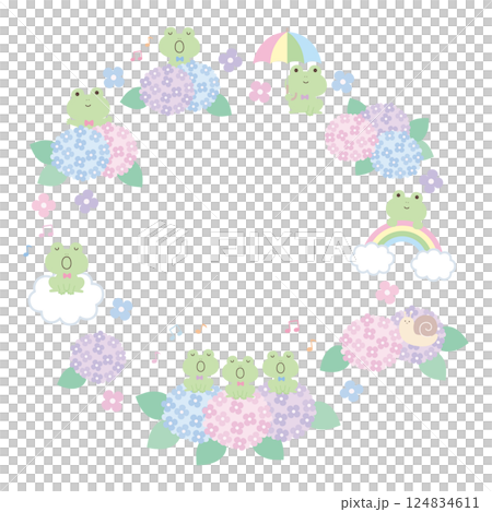 かわいいカエルと紫陽花のフレームのベクターイラスト。梅雨、枠、カエルの合唱、音符、カタツムリ 124834611