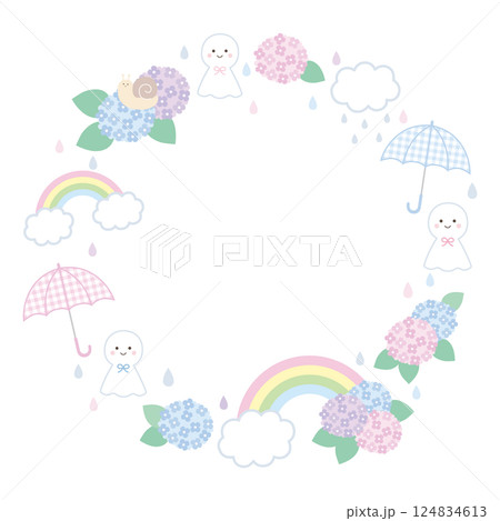 かわいい梅雨のフレームのベクターイラスト。てるてるぼうず、枠、虹、かたつむり、傘、雲 かわいい梅雨のフレームのベクターイラスト。てるてるぼうず、枠、虹、かたつむり、傘、雲 124834613
