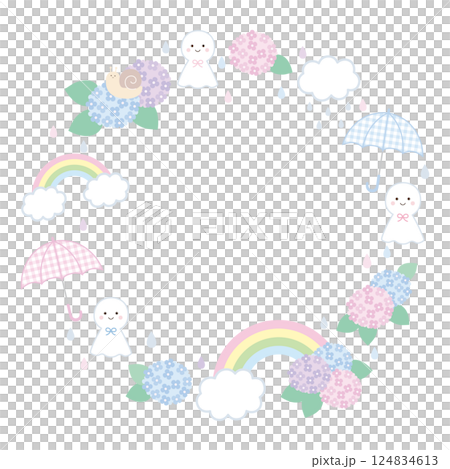 向量圖的可愛的雨季框架。 Teru Teru Bouzu，框架，彩虹，蝸牛，雨傘，雲 124834613