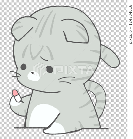 悲しげに薬を見つめるキジトラ猫 124834616