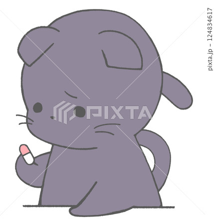 悲しげに薬を見つめる黒猫 124834617