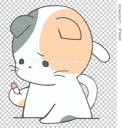 悲しげに薬を見つめる三毛猫 124834618