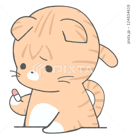 悲しげに薬を見つめる茶トラ猫 124834619